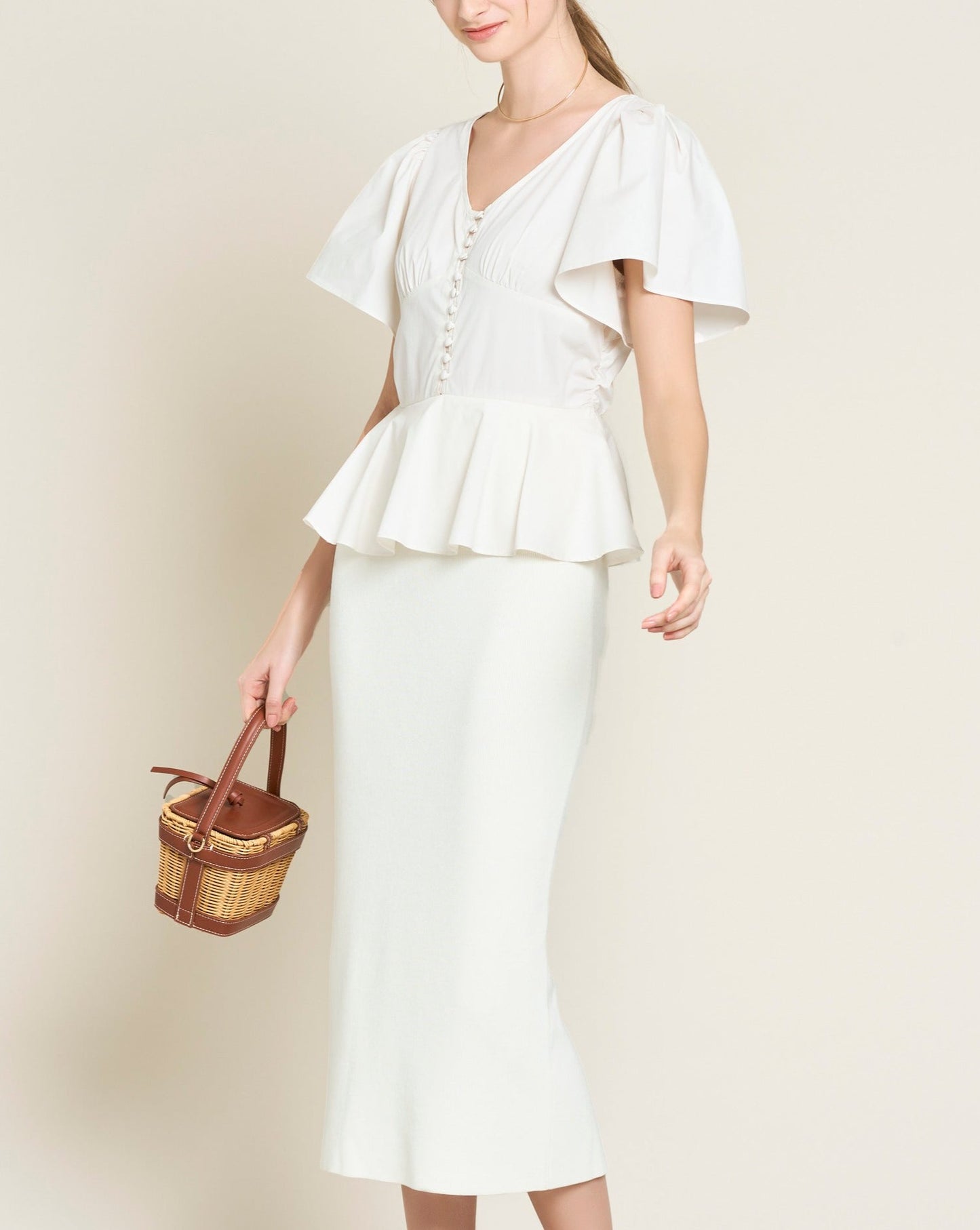 ペプラムブラウスコンビタイトニットドレス