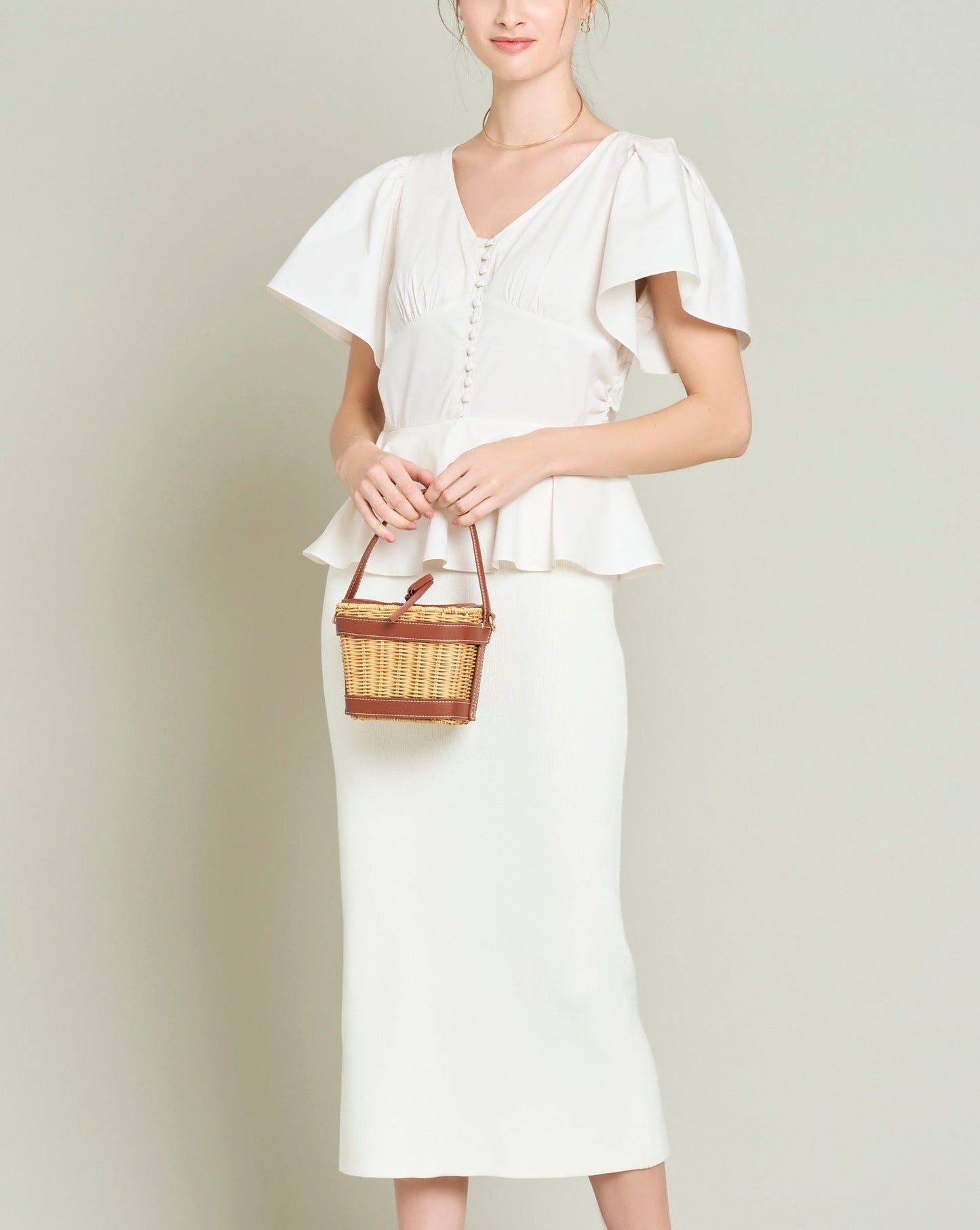 ペプラムブラウスコンビタイトニットドレス