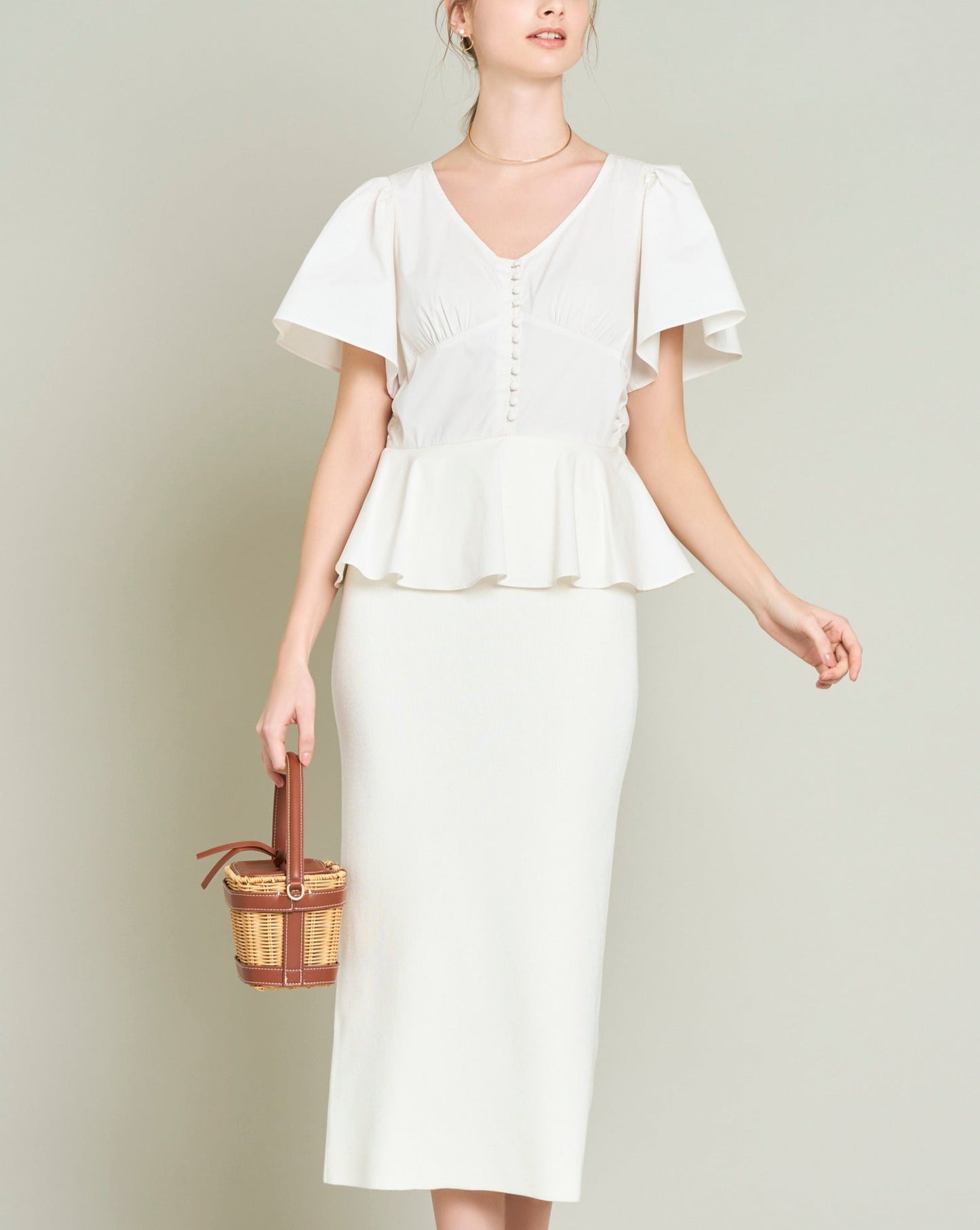 ペプラムブラウスコンビタイトニットドレス