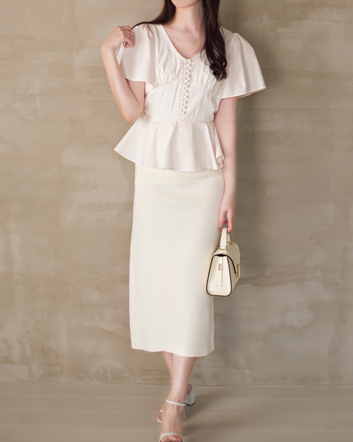 ペプラムブラウスコンビタイトニットドレス