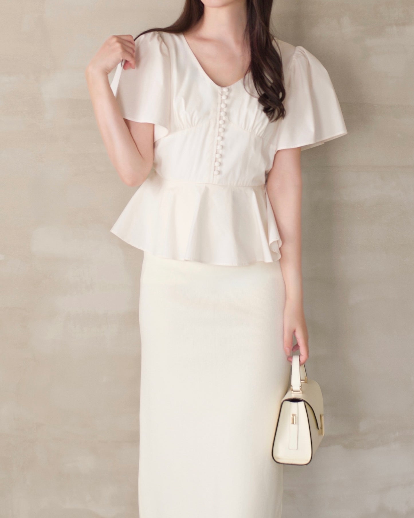 ペプラムブラウスコンビタイトニットドレス